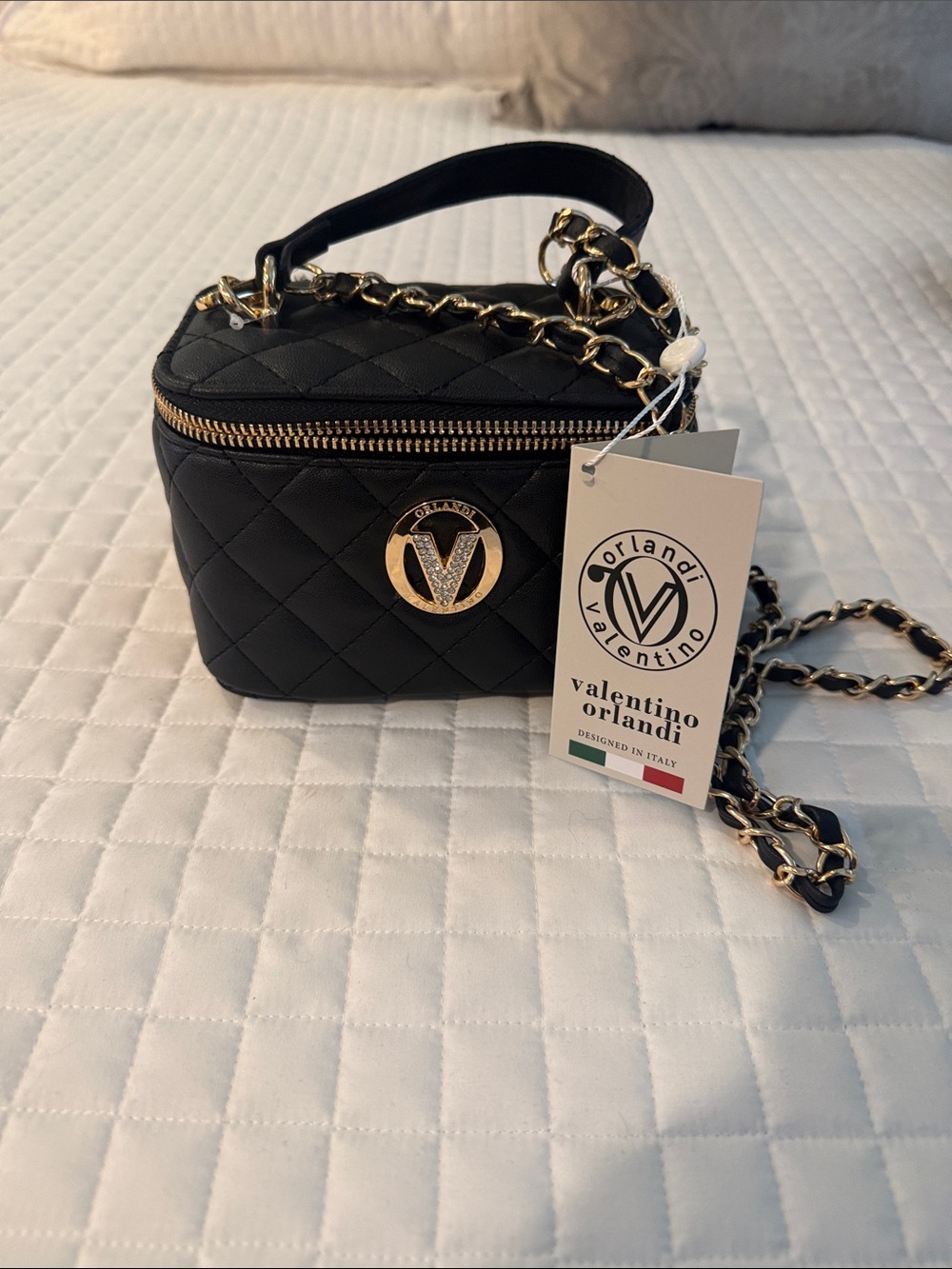Valentino Orlandi Black Quilted Mini Vanity Crossbody with Gold Hardware